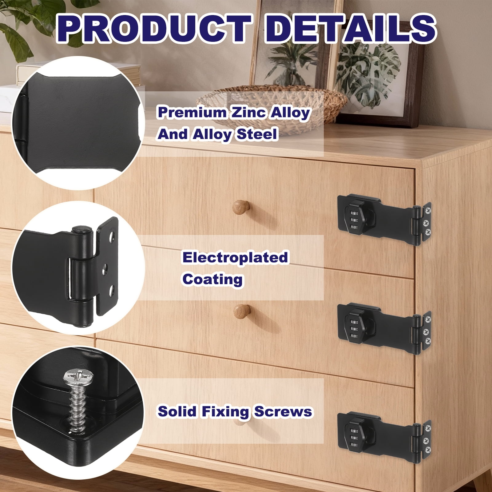 Uxcell 2 Pcs Keyless Cabinet Lock with Combination Code (4 Inch) - 3-Digit Password Hasp Latch Lock Mechanical Password Rotary Hasp, for Drawer Closet Cupboard Door, Black