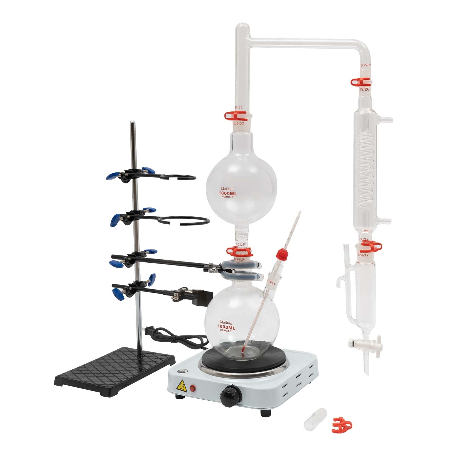 Lab Essential Oil Distillation Apparatus Complete and Professional Kit 1.06qt 2-neck Boiling Flask +1000ml Filling Flask & Electric Heater Furnace for Family Research Center University