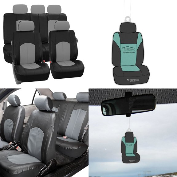 FH Group, Gray Black Deluxe Leather Seat Covers Full Set w/ Free Air Freshener, Airbag Compatible / Split Bench Covers