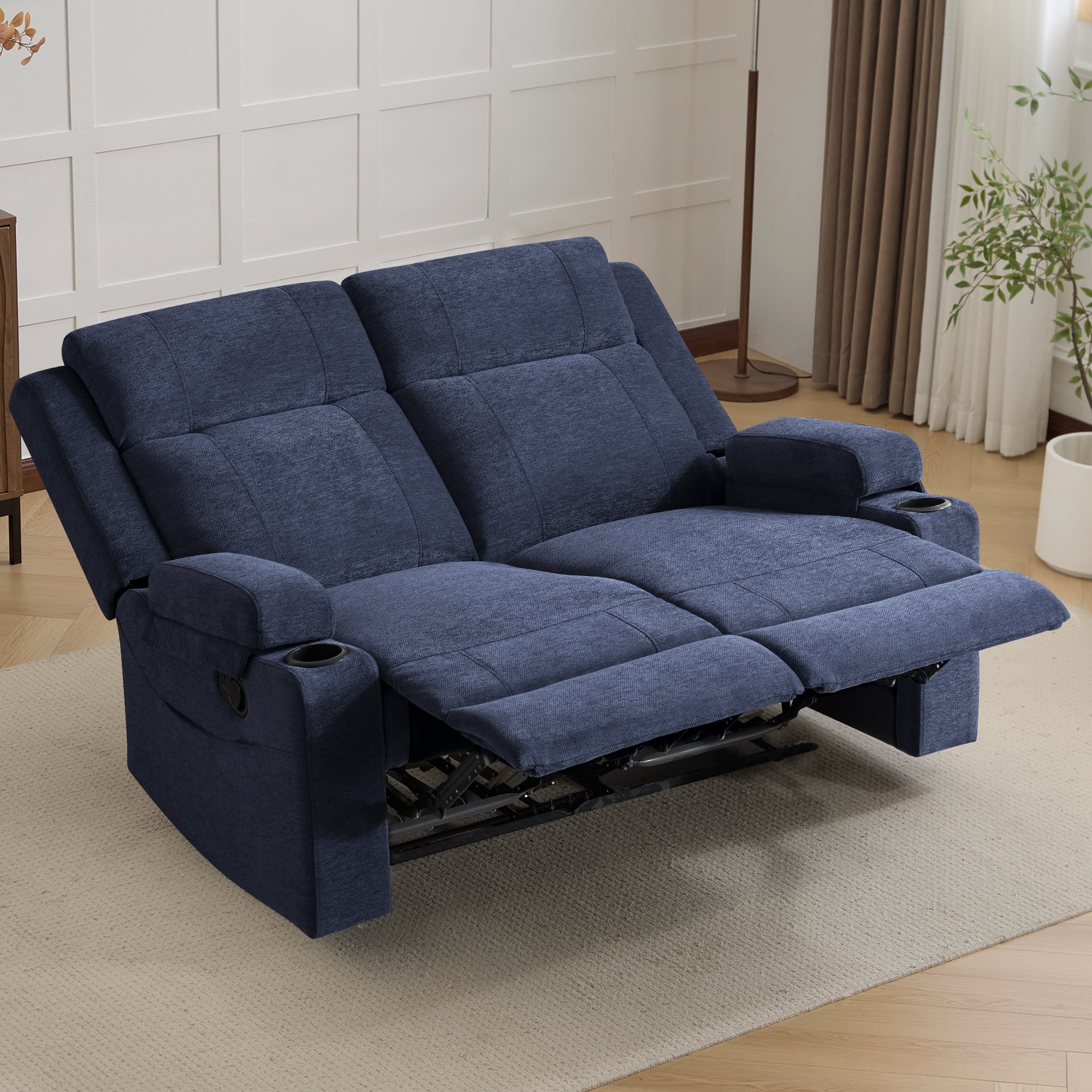 Chenille Reclining Couch, Manual Reclining Loveseat with Cup Holders, Wide Seat, Spill-Resistant Fabric, Easy Assembly, for Living Room/Apartment/RV Recliner Sofa