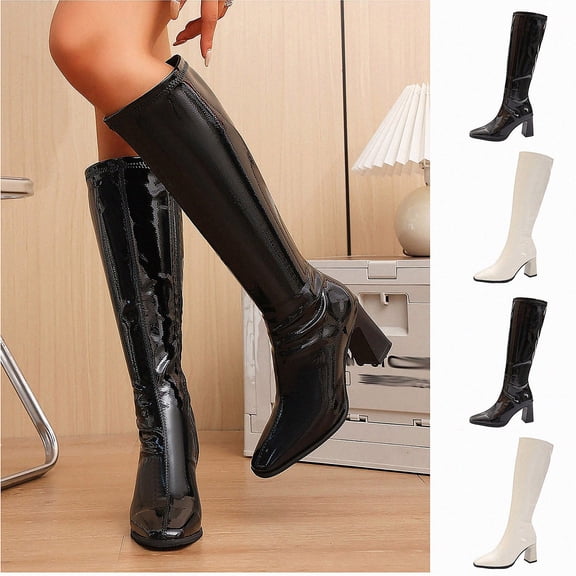 WAVSUF Women's Knee High Boots Faux Leather Square Toe Side Zip Fall Chunky Trendy Boots Black 6