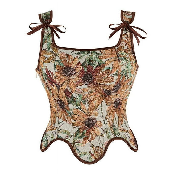 Womens Floral Waist Cincher Corset Tops Vintage Lace Up Boned Bustier Shapewear Coffee L