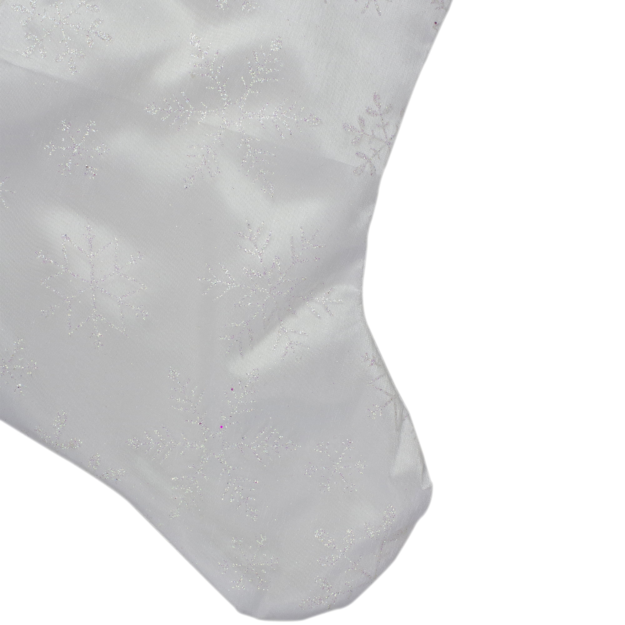 20" White Iridescent Glittered Snowflake Christmas Stocking with White Faux Fur Cuff