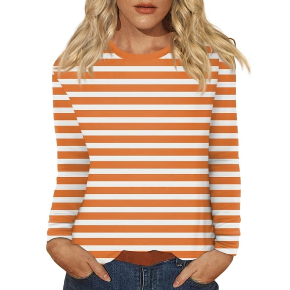 felwors Womens Shirts Fall Oversized Striped - Long Sleeve Cerwneck Loose Fit Tops 2026 Trendy Comfortable Office & Casual Wear (Orange, XL)