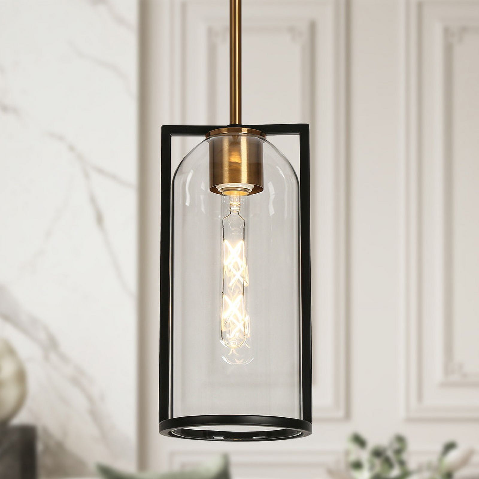 LNC Matte Black and Polished Gold Modern Clear Glass Cylinder Mini Pendant Light