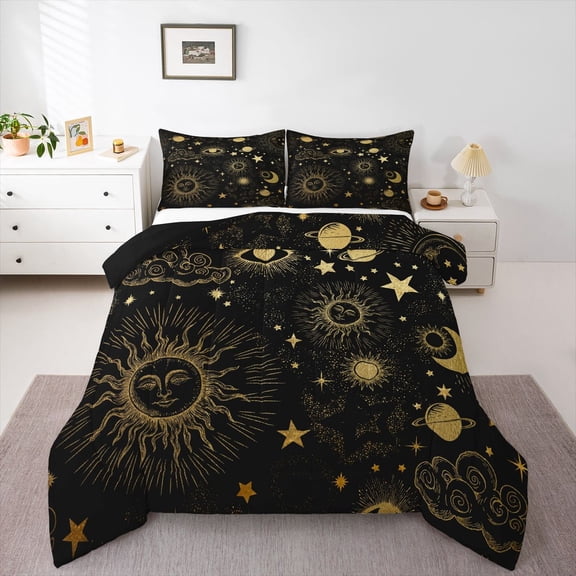 Star Moon Bedding Set Queen Size, Starry Sky Series Comforter Set , Cosmic Planets Sun Face Pattern Duvet Insert , Trippy Hippie Quilted Duvet, Soft Living Bedroom Decoration