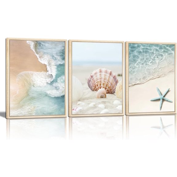 Shells Starfish Canvas Wall Art, Summer Beach Ocean Waves Nature Pictures, Blue Ocean Posters Print Paintings for Bathroom Bedroom Kitchen Dining Room Sea View Room Wall Decor(Only canvas)