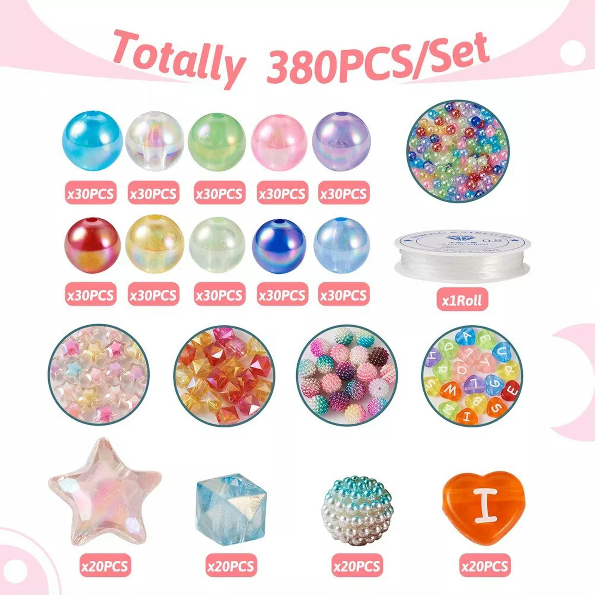 U8MO 380x Star Cube Heart Imitation Pearl Acrylic DIY Candy Color Bracelet Making Kit