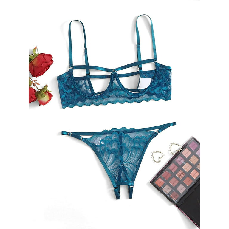 SweatyRocks Women's 2pcs Sexy Lace Strap Bralette Bra and Thong Lingerie Set