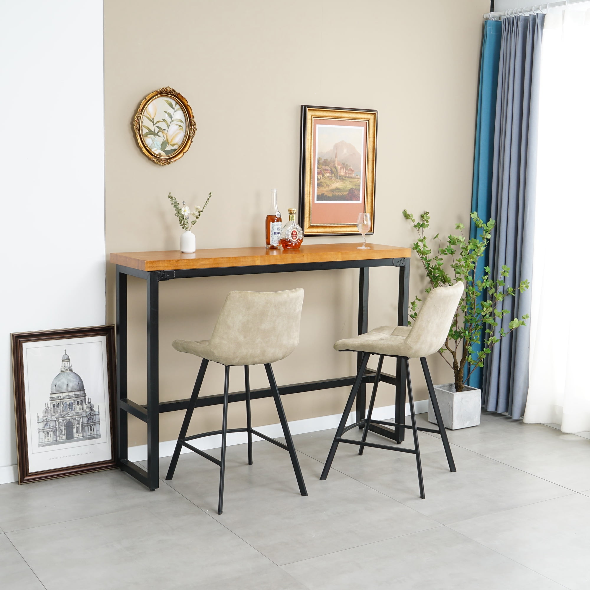 Kepooman 2pcs Iron High Counter Bar Chair, Metal High Bar Stool Chair for Dining Room, Bar Dining Chair for Counter, Cream Color