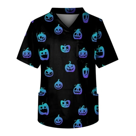 

HHei_K Halloween Scrubs Men s Short Sleeve V Neck Halloween Print Chest Pocket Carer Top