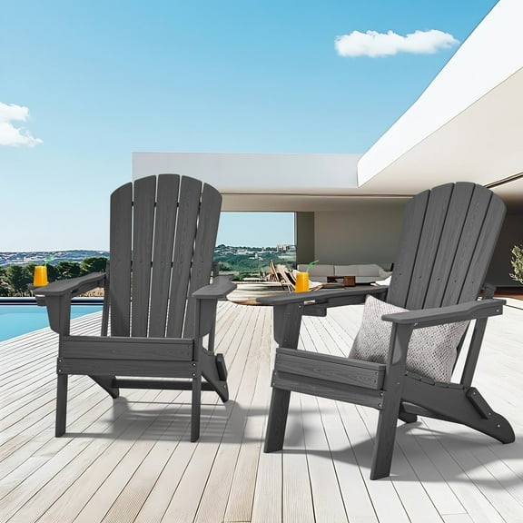 Cobiod Folding Adirondack Chair with Cup Holder Set of 2 | HDPE All-Weather Resin | Faux Wood Grain for Patio Fire Pit,Grey