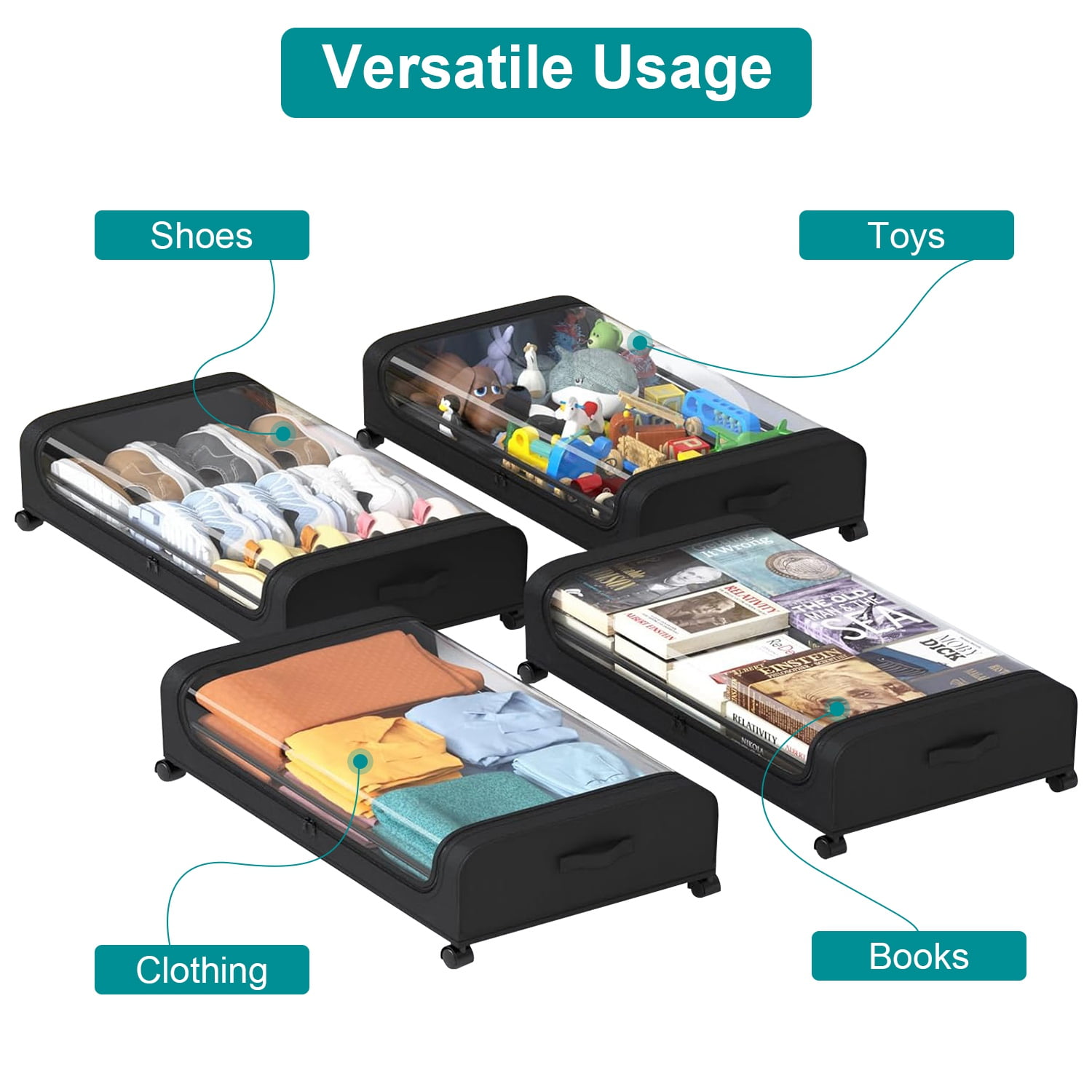 Moclever Under Bed Storage Containers Rolling Clothing Organizer 42L/11Gal Under Bed Drawers with Clear Lid 360° Lockable Rolling Wheels Strap Handles 2Pack