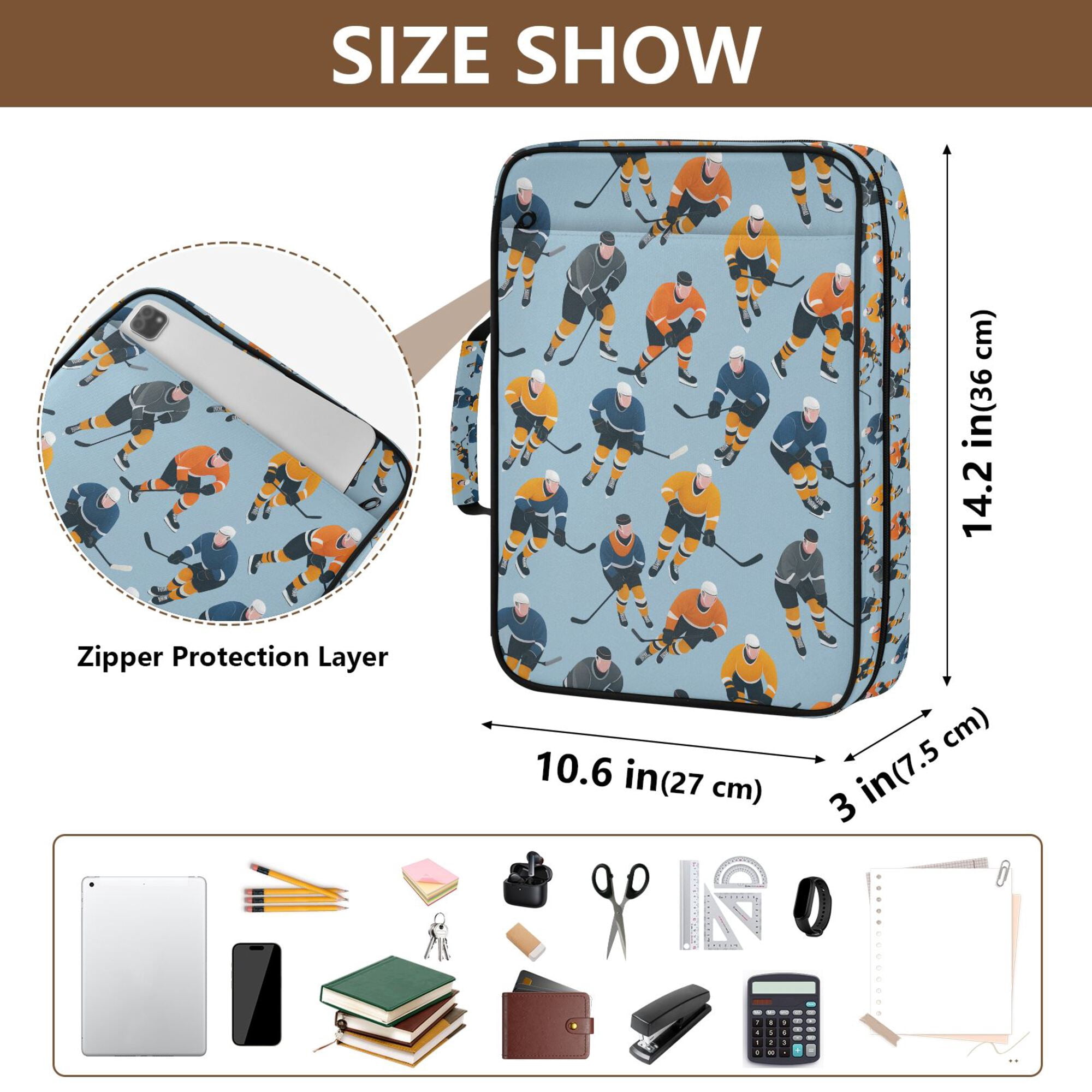 FORMRS Accordion File Folder A4 Size 7-Pocket Expanding Document Organizer Bag with 3 Ring Binder, Cartoon Hockey Pattern