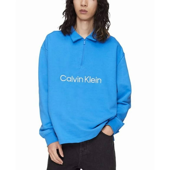 Calvin Klein Men's Relaxed Fit Terry Long Sleeve Polo Shirt Blue, Size M