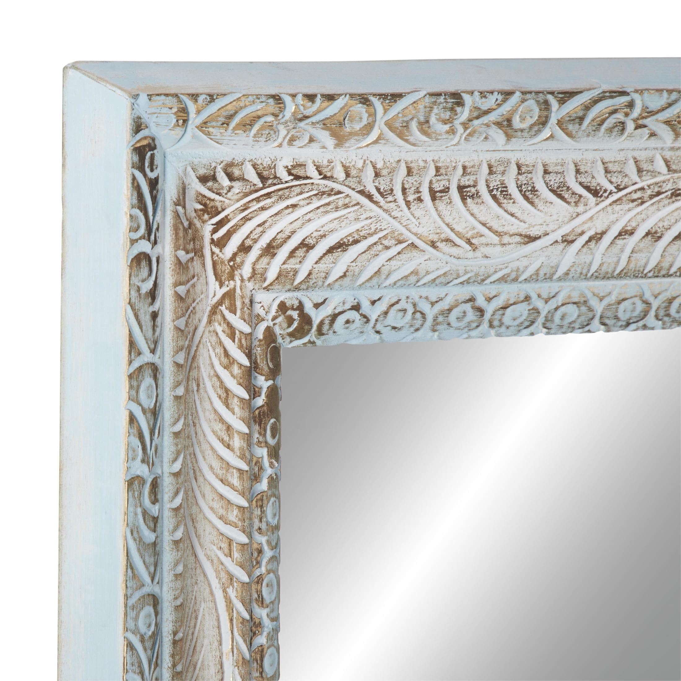 DecMode 32" x 48" Blue Carved Floral Wall Mirror