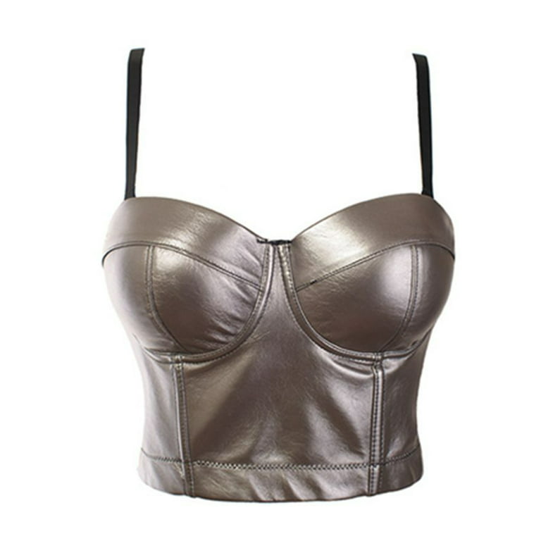 PERZOE Top Adjustable Straps Multi Breasted High Elasticity Solid Color Push  Up Corset Top Women Faux Leather Sling Bra Vest Daily Clothing 