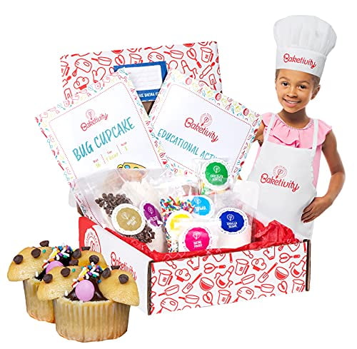 Best Gift Idea for Boys and Girls Ages 6-12 Baketivity Kids Baking DIY Activity Kit Bake Delicious Bug Cupcakes with Pre-Measured Ingredients Includes Free Hat and Apron 