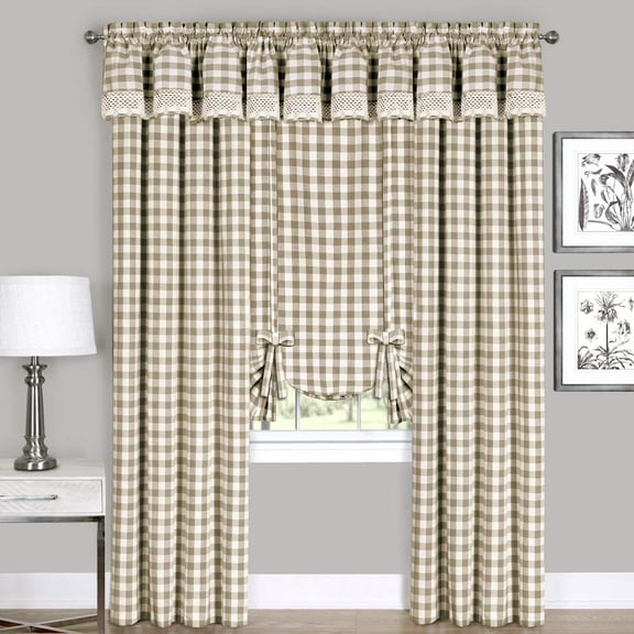Classic Buffalo Check Window Panel and Valance 1 full size window panel, 42"x84", taupe/white