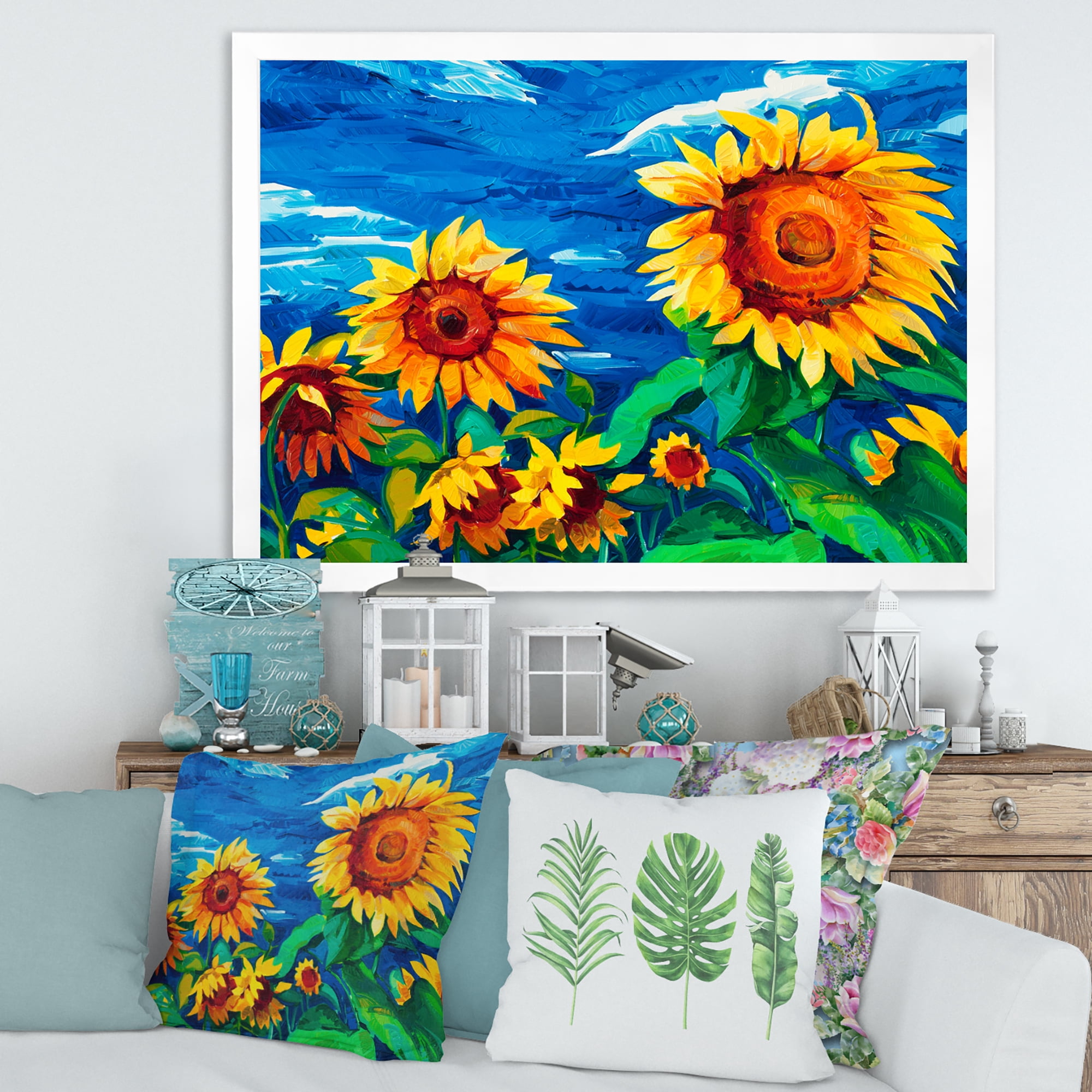 Designart 'Sunflowers Field Under A Bright Blue Sky' Traditional Framed Art Print