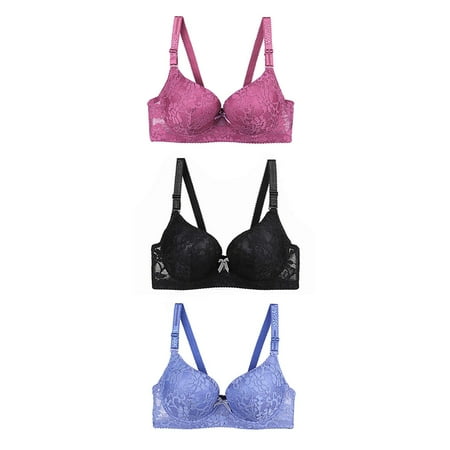Blczomt Womens Bra Push Up Balconette Red Lace Bralettes Soft Bra 3PC