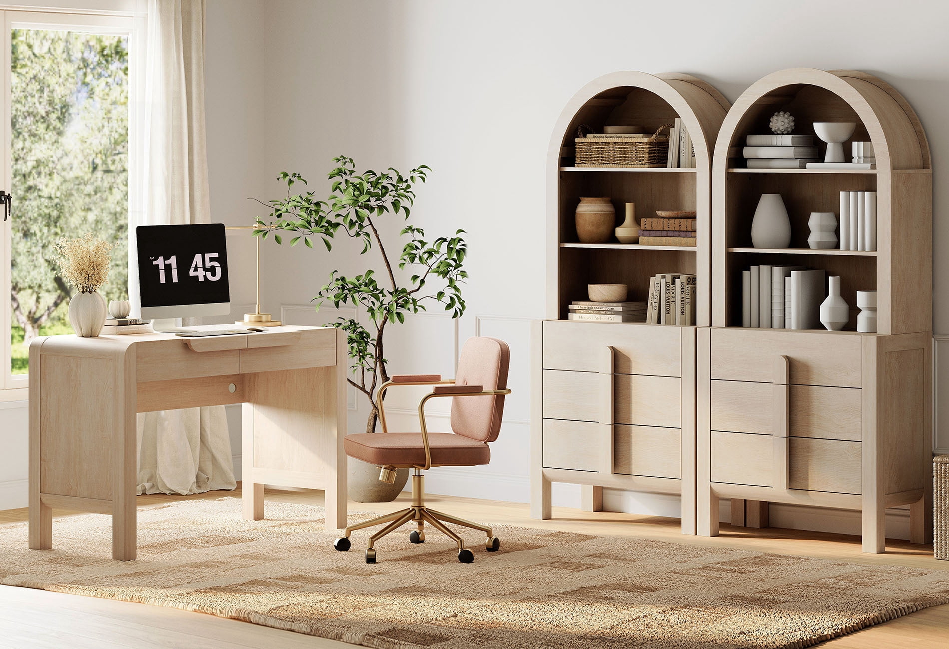 Home Office Set, 47" Modern Executive Desk with Charging Station and Drawers & 2 Piece 71"H Tall 3-Tier Arched Bookcases with Open Storage for Living Room, Bedroom, Home Office