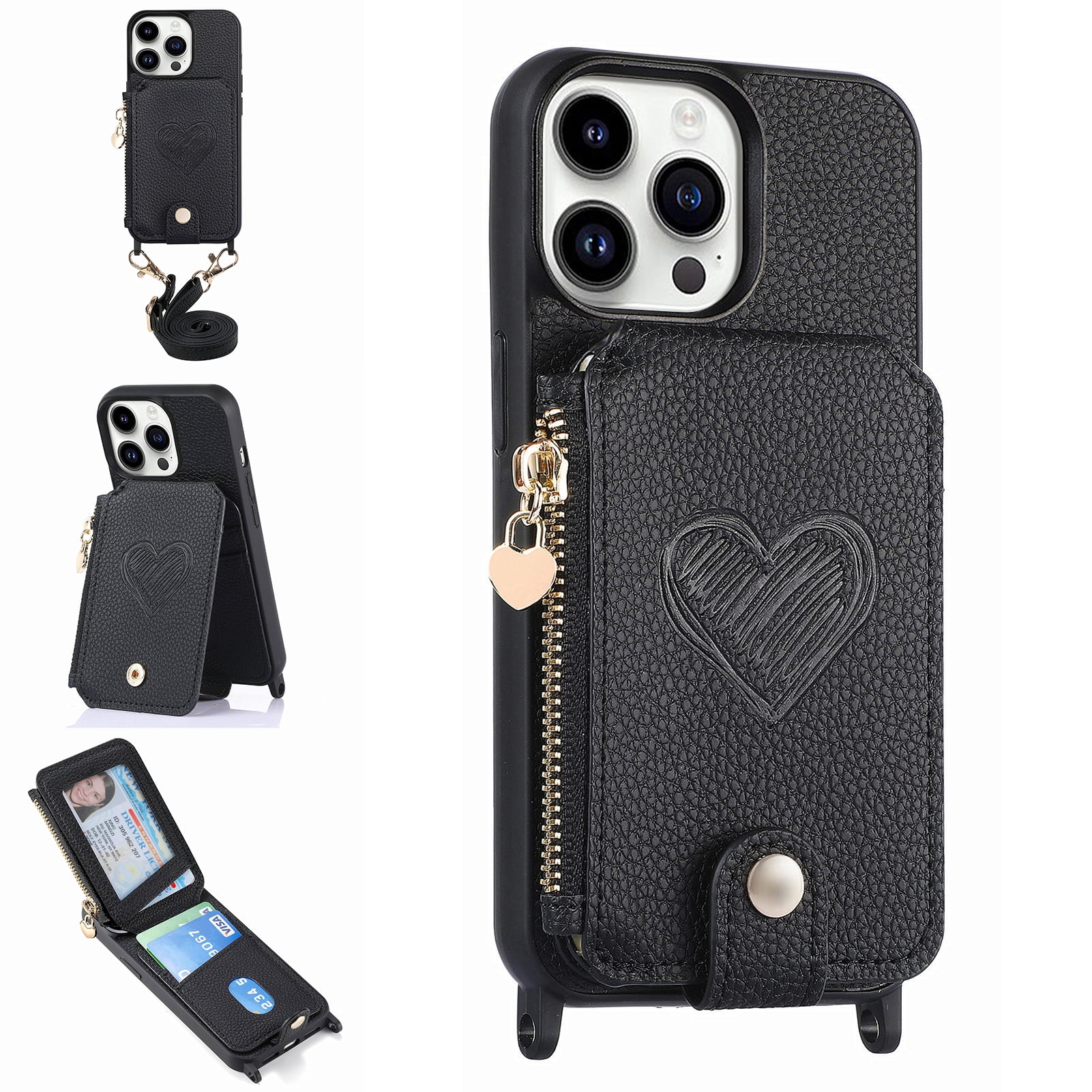 Mantto Crossbody Wallet Case for iPhone 13 Pro,Heart Pattern PU Leather
