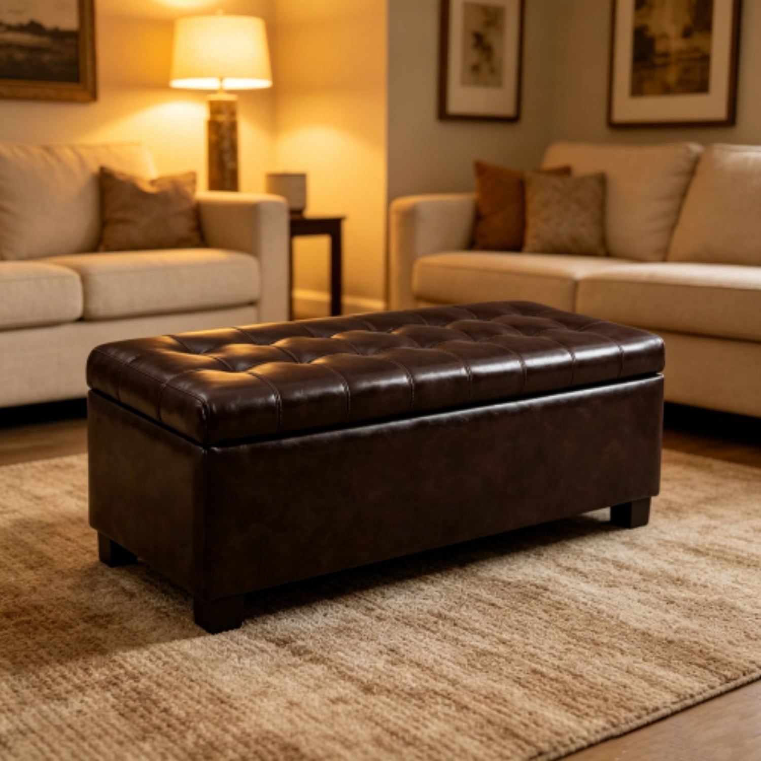 49.75" Storage Ottoman Bench, Tufted Entryway Bench with Safety Hinge, Wooden Legs Faux Leather Storage Seat for Bedroom Living Room, Brown