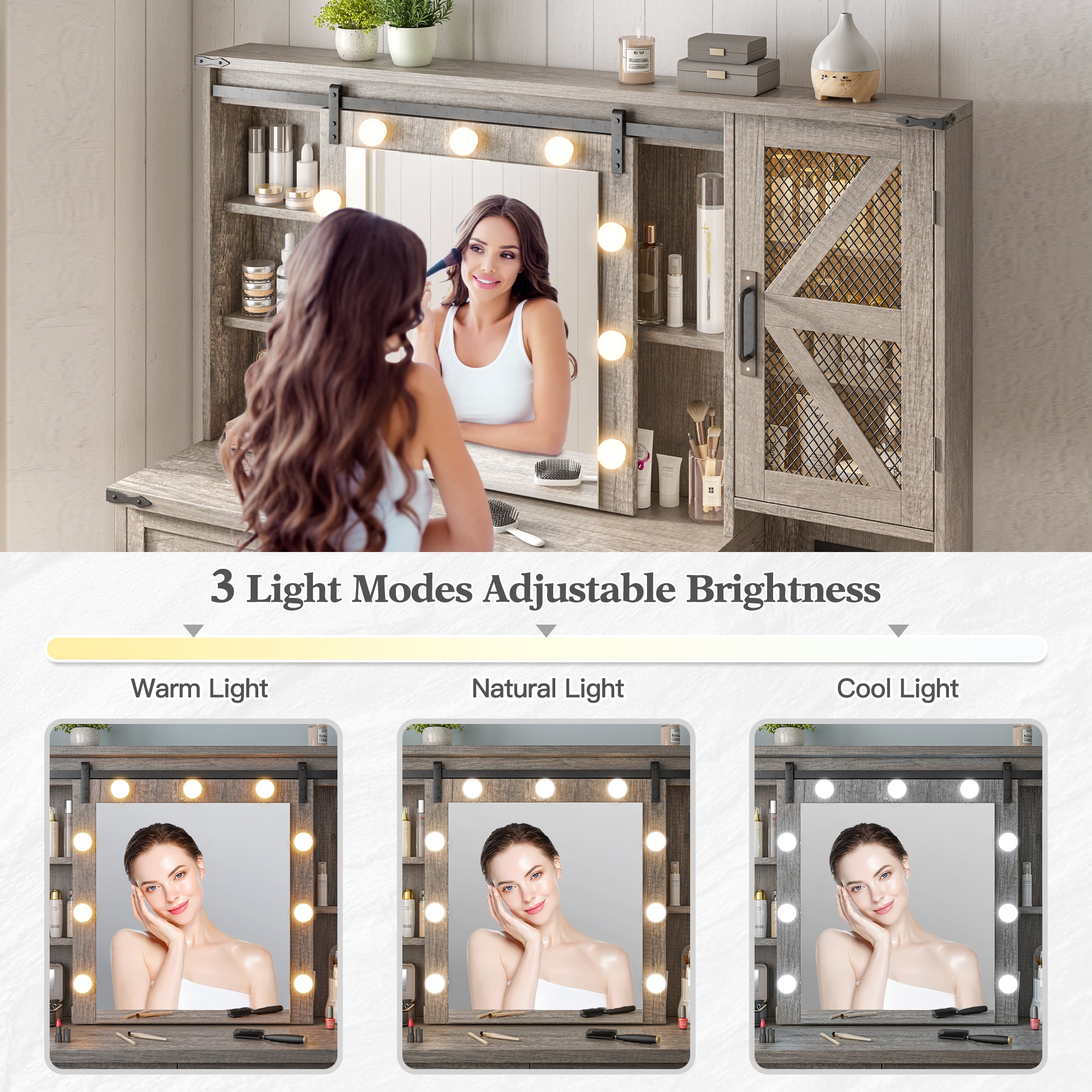 Vanity Set with Mirror and Lights Vanity Desk with 4 Wooden Drawers & 3-Tier Storage Shelf & Charge Station Farmhouse Vanity Dressing Table for Girl, Stool Not Included, Light Rustic Oak