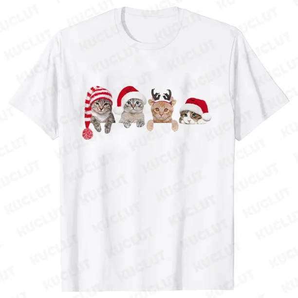 Camiseta Kawaii de gato de Navidad para mujer, camiseta de manga corta Harajuku, Camisetas de moda Y2k, ropa Ulzzang para mujer
