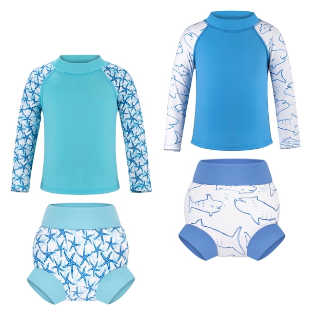BIG ELEPHANT Paquete de 2 Trajes de Baño Unisex de Manga Larga con Protección Solar UPF 50+ y Pañales de Natación Incorporados para Bebés y Niños Pequeños, Tallas XS-XXL