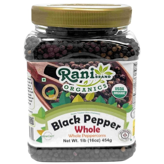 Rani Organic Black Pepper Whole (Peppercorns), Premium MG-1 Grade 16oz (1lb) 454g PET Jar ~ All Natural | Gluten Friendly | Non-GMO | USDA Certified Organic | Kosher | Product of Vietnam