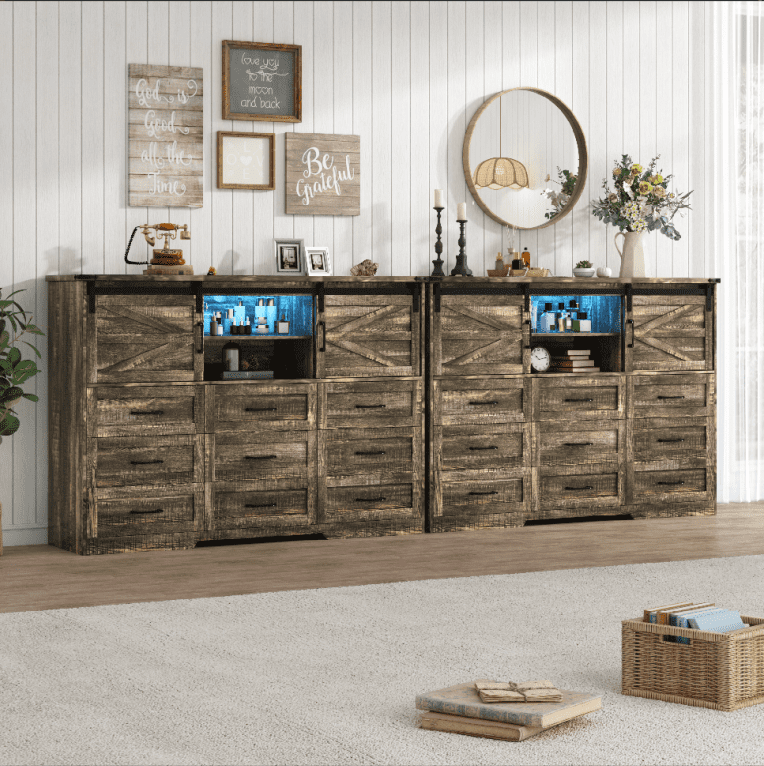 ChVans 63'' Farmhouse Dresser with LED Light & Power Outlet, 9 Drawers, 2 Sliding Doors, 2 Storage layers, Rustic Dresser TV Stand for 70in TV, Wood Storage Cabinet for Bedroom, Living Room, Hallway