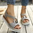 thumbnail image 2 of Rokment Women's Platform Chunky Heels Dressy Sandals Fashion Casual Metallic Silver Buckles Leather Elastic Ankle Strap Wedge Slingback Heeled Summer Comfortable Walking Shoes Grey Size 7.5, 2 of 7