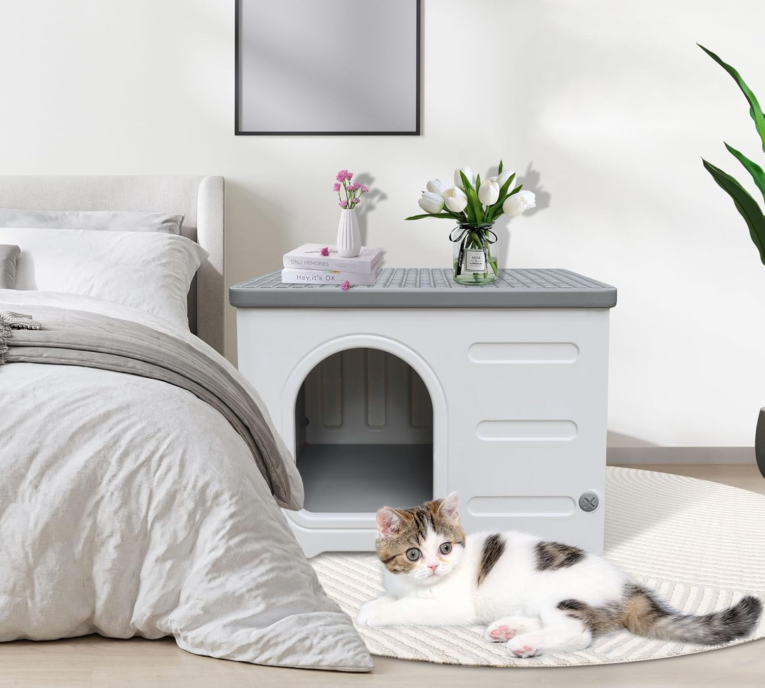 Waterproof Outdoor Cat House, Plastic Cat House for Outdoor Cats Feral Cat House, Sturdy Cat Bed for Small Pet, Spacious, Assemble Easily-Grey