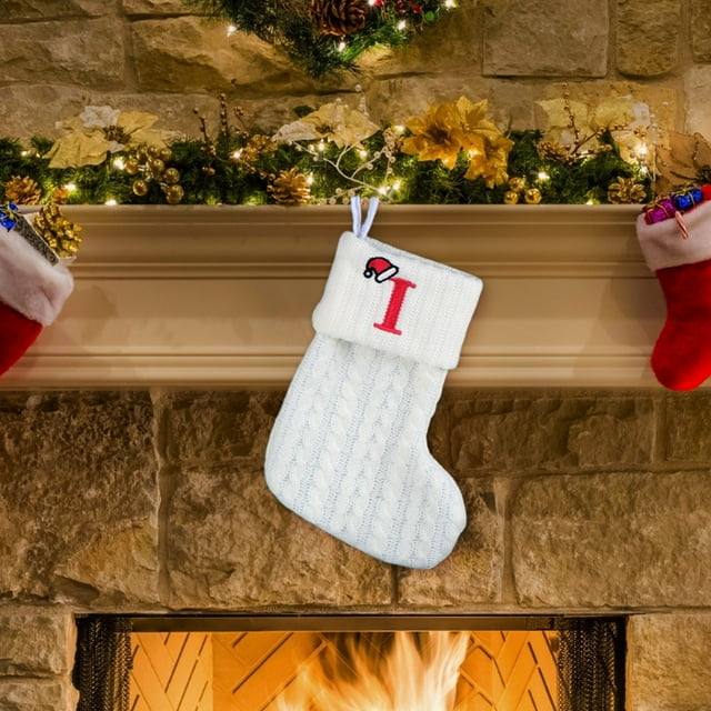 Fridja 8 Inch Mini Initial Christmas Stocking Monogram Embroidered Christmas Stocking White Knitted Small Christmas Stocking Decorations for Fireplace Mantle Christmas Wall