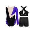 thumbnail image 2 of inlzdz Dance Unitards for Girls Shiny Rhinestones Color Block Asymmetrical Skating Leotard with Purple 10, 2 of 5