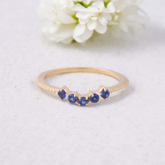 Blue Sapphire Band Yellow Gold Plated Wedding Band Women Curved Jewelry September Birthstone Promise Ring Gift for Best Friend