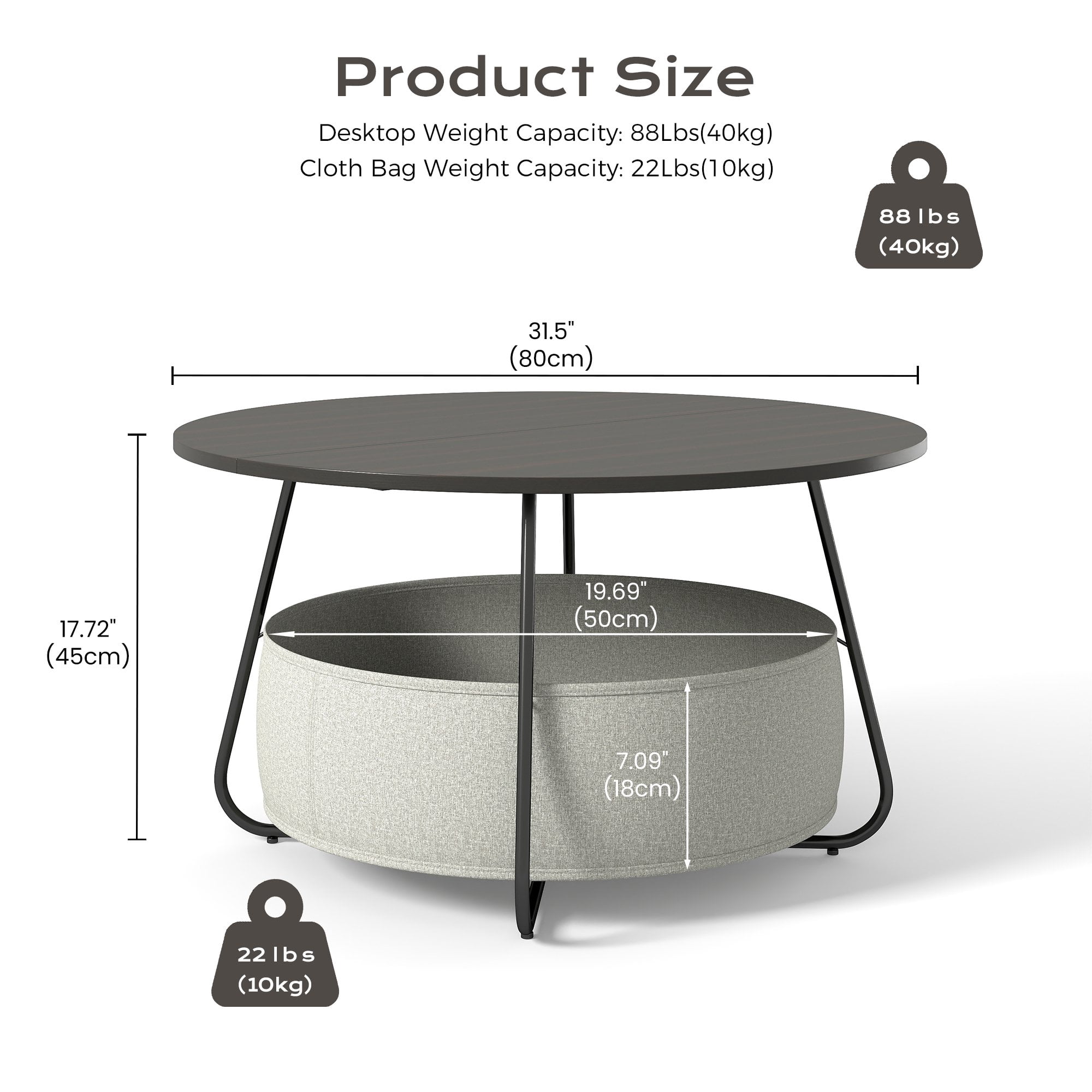 Manora Round Basket Coffee Table, Small Center Table for Living Room Home Office, Black & Brown