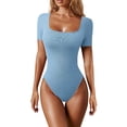 thumbnail image 1 of Women's Square Neck Sexy Ribbed Square Neck Short Sleeve Bodysuits Yoga Clothes, 1 of 5