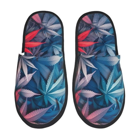 Balery Red And Blue Leaves Slient Indoor Furry Fleece Comfort House Shoes Soft Non-Slip Home Shoes Cotton slippers House Slippers-- Large