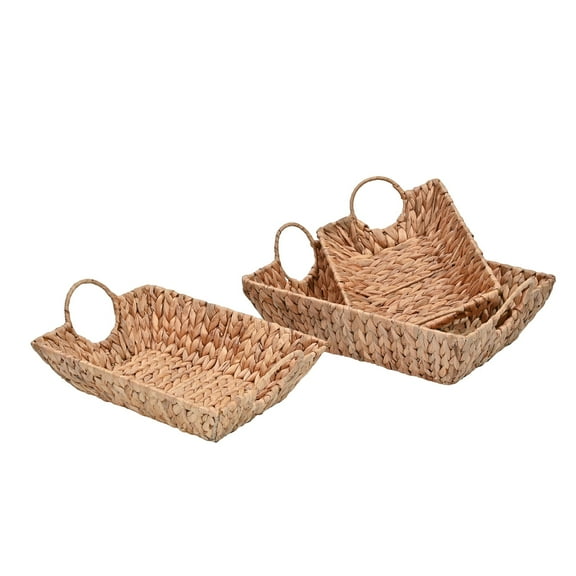 happimess TRY2000A-3SET Rowan Bohemian Cottage Handwoven Hyacinth Rectangular Decorative Basket Trays with Handles, Natural (Set of 3)