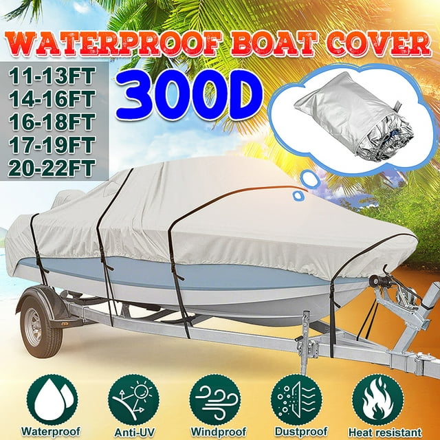 11-22FT Trailerable Boat Cover, Heavy Duty Waterproof UV Resistant Cover Marine Grade Polyester Boat Cover Anti-smashing Oxford Fabric Cover Adjustable Strap