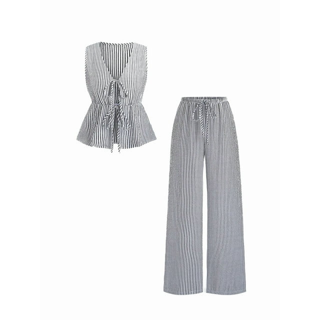 Conjunto de Dos Piezas de Verano para Mujer, con Estampado de Rayas, Sin Mangas, con Cordones, Camiseta Sin Mangas y Pantalones para Playa Negro M