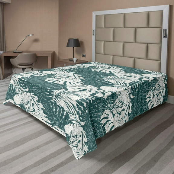 Ambesonne Monstera Leaves Flat Bedding Sheet Soft Top Sheet, Tropical Grunge, California King, Forest Green Eggshell