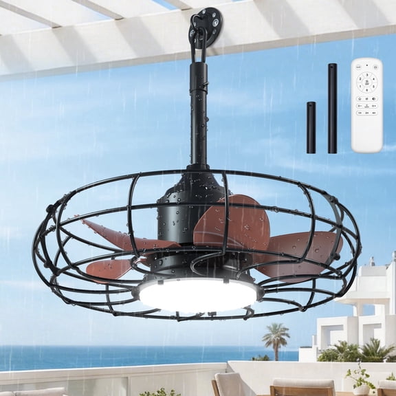 AIDEL 20" Outdoor Caged Ceiling Fan with Light, Wet Rated Plug-in Gazebo Ceiling Mount, Remote Control, 6 Speeds, Reversible DC Motor, Black
