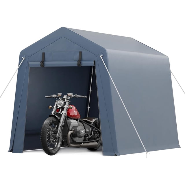 Abri pour Moto 6 X 6 Pi, Cadre en Acier Robuste, Housse PE Résistante aux Intempéries, Remise de Rangement Portable pour Vélo avec Toit en Pente pour Protection Extérieure, Gris