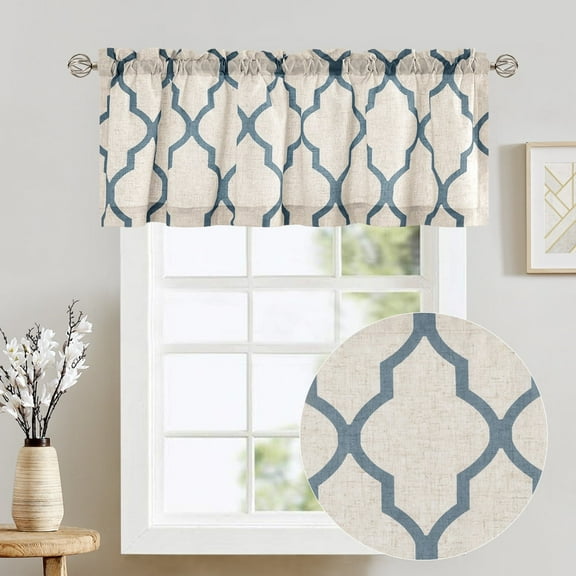 Curtainking Kitchen Valance Curtain Farmhouse Moroccan Tile Print Flax Linen Blend Small Window Curtains 16 inch 1 Panel Rod Pocket Blue on Beige