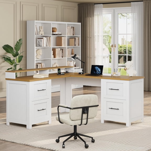 63" Executive L Desk with Power Outlet – Large Corner Computer Desk, 4 File Drawers & Monitor Stand – Home Office Furniture with Storage