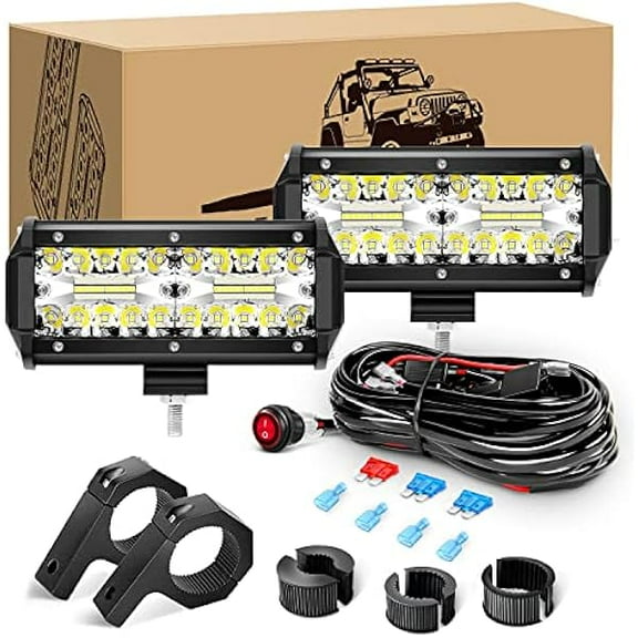 Waywe 2PCS 6.5 Inch 120W Triple Row LED Pods Fog Light Mounting Bracket Horizontal Bar Tube Clamp with 16AWG Off Road Wiring Harness for Truck Golf Cart SUV ATV UTV Boat